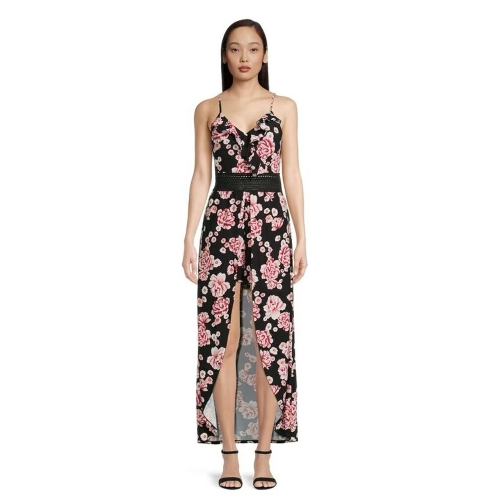 No Boundaries Maxi Romper Black Floral Ruffle Walk Through